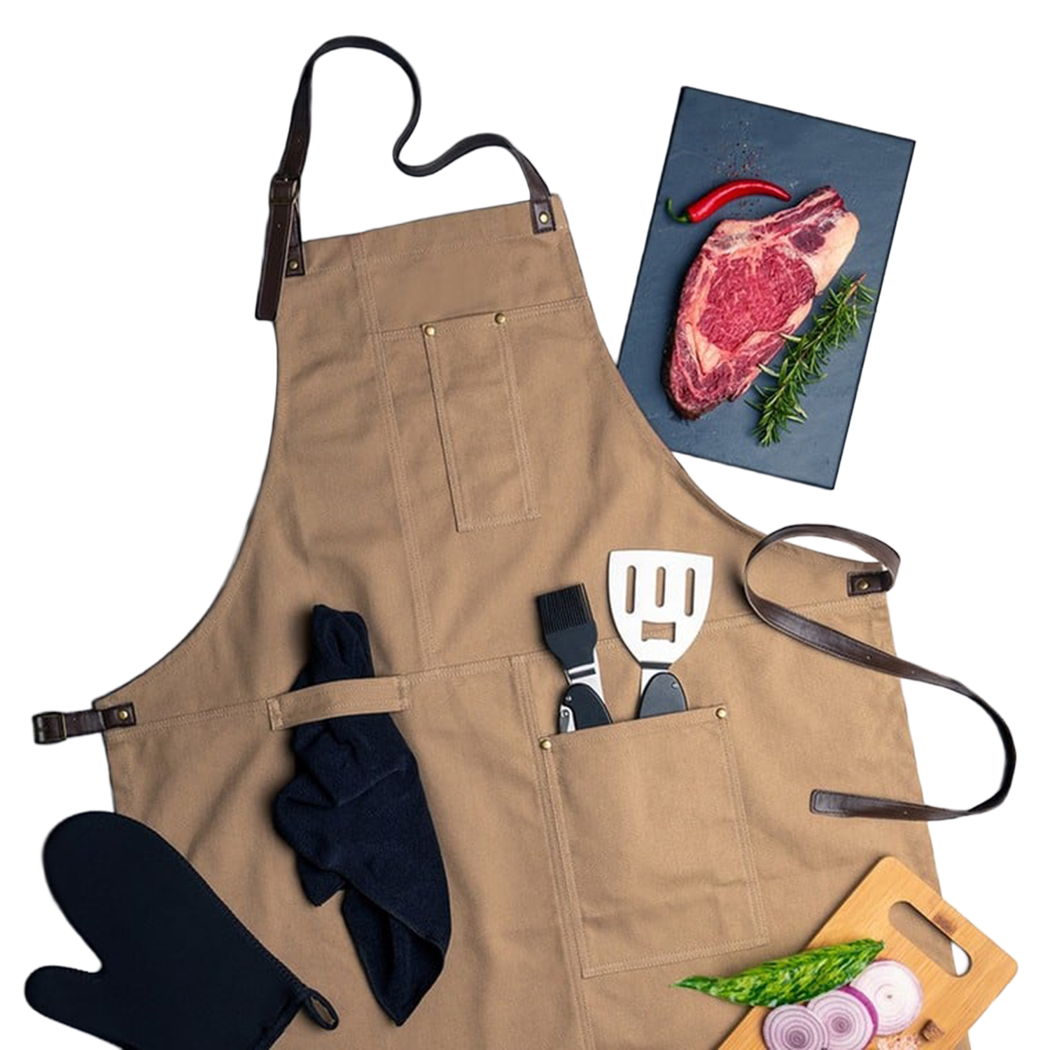 Grillschürze Baumwolle mit Lederriehmen