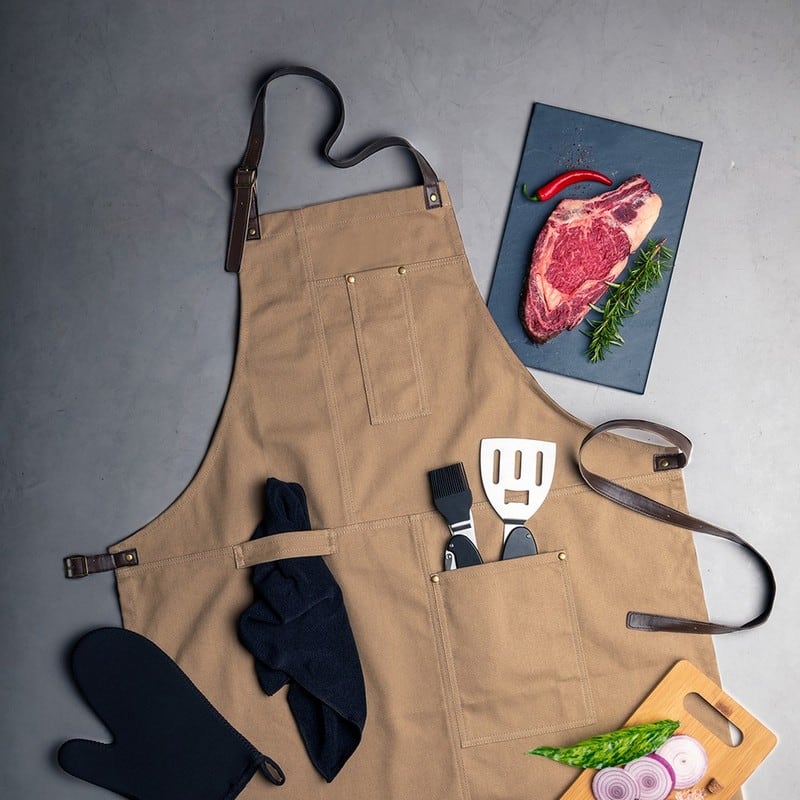 Grillschürze Baumwolle mit Lederriehmen